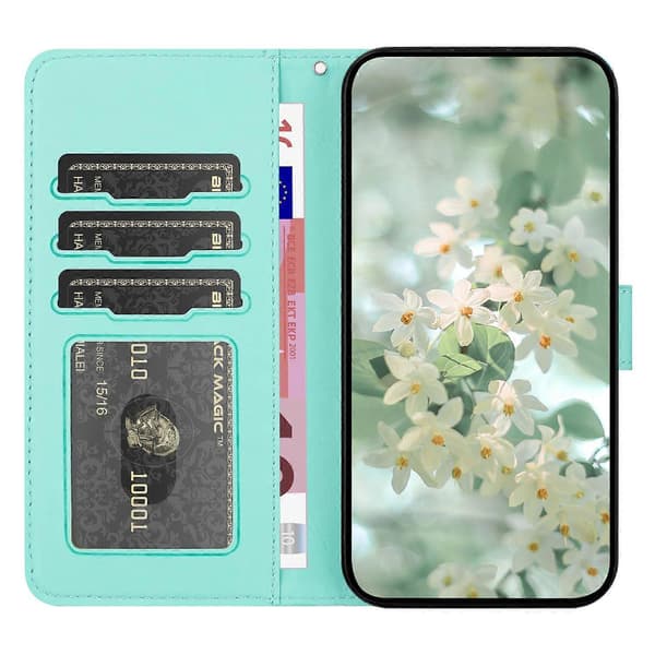 Blomsterpreget lommebokdeksel i skinn med flip-funksjon og håndleddsstropp til iPhone 16 Plus Multicolor Style E