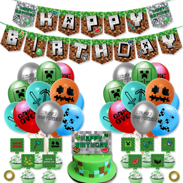 Nya minecraft födelsedag flagga tårta kort ballong set pixel spel party de