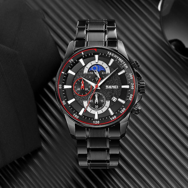 Skmei 9250 Men Moonphase Stoppur Date Quartz Watch Black