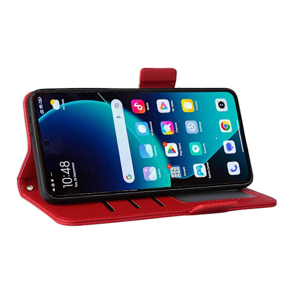 Til Xiaomi 14T Pro Etui Litchi Tekstur PU Læder Wallet Flip Telefon Cover - Grå Multicolor Red