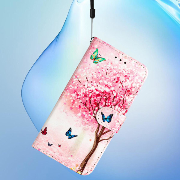 För Iphone 15 Plus Pu Läder Case Mönster Skrivbord Cover Cherry Blossoms Tree