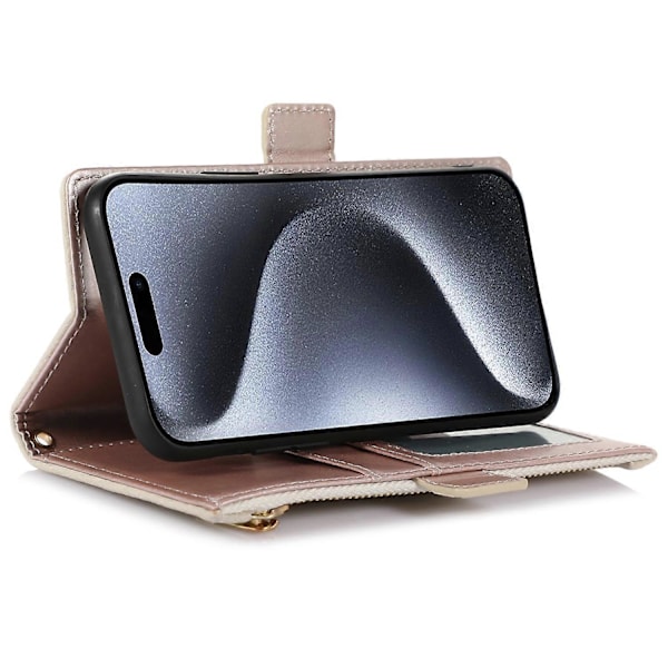 For iPhone 15 Pro Deksel Litchi Tekstur Glidelåslomme Anti-fall Lærdeksel med Stropp Multicolor Style E