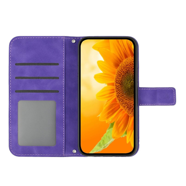 Ht04 Pu Läder Phone case För Oppo Reno10 Pro+ 5g Sunflower Imprint Cover med axelrem Dark Purple