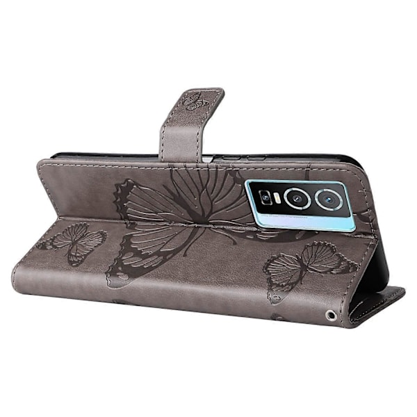 KT Imprinting Flower Series-2 til vivo Y76 5G PU Læder Bog Stand Case med Præget Sommerfugl