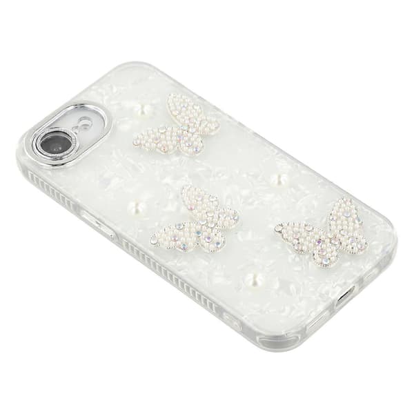 iPhone 16e -kotelo perhoshelmillä, IMD PC + TPU -puhelinkuori lasilinssikalvolla Multicolor Shell Pattern/ Silver