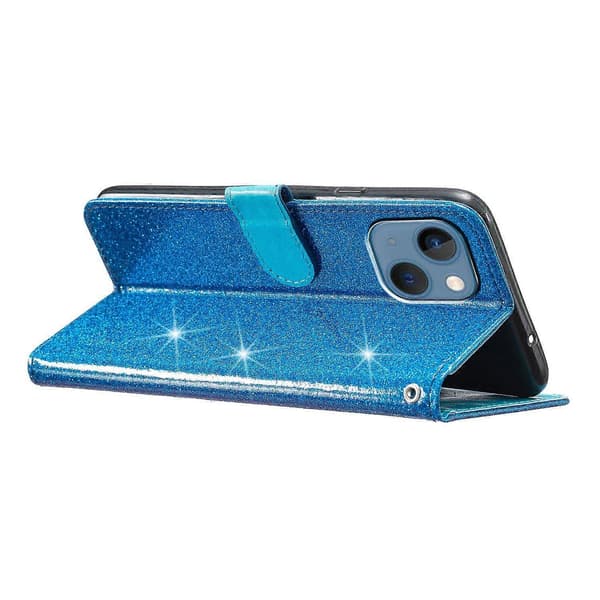 Glittery PU-lærveske med folio-flipp, lommebok og stativ for iPhone 14 Plus Multicolor Style E