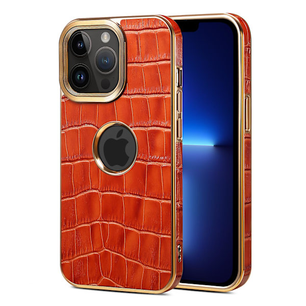 För Iphone 13 Pro Max Läderbelagd phone case Galvanisering Pc+tpu cover med logotypvy Red
