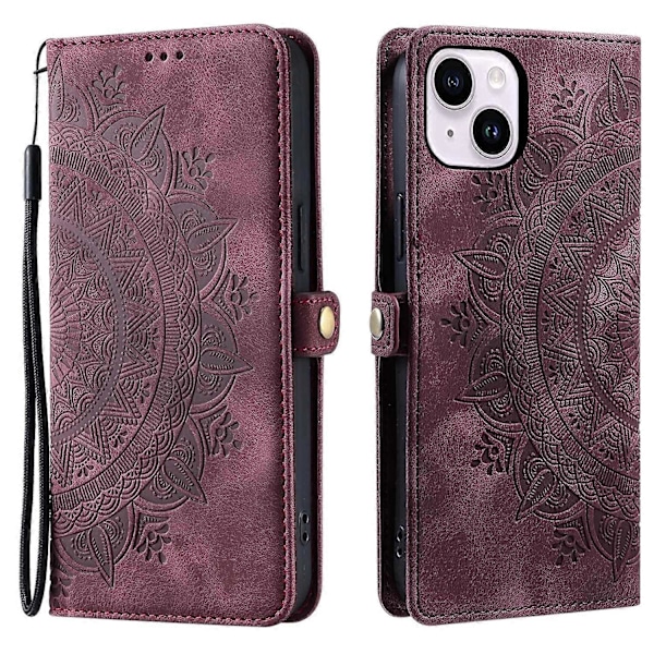 Tyyli 016 iPhone 15 -kotelolle, ihon tuntuinen toteemikuvioitu lompakko nahkainen puhelinkotelo- Multicolor Wine Red