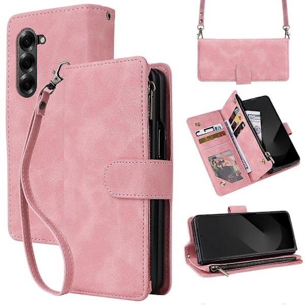Fodral för Samsung Galaxy Z Fold6 5G med dragkedjeficka, läderfodral med axelrem Multicolor Style G