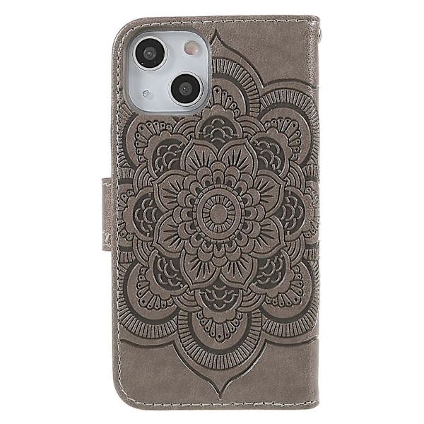Präglad Mandala Blomma PU Läder Telefonställ Skydd Plånboksfodral med Rem för iPhone 13 6.1 tum Multicolor Style C