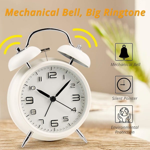 Double Bell Väckarklocka med Nattljus, Retro Bell Alarm Clock, Högt larm, Quartz Drive, No Ticki