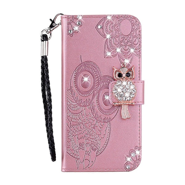 Ugle Prægning Rhinestone Dekoration Læder Telefon Cover til Samsung Galaxy A12 Stand Shell