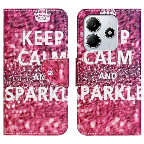 Til Xiaomi Redmi Note 14 4G Etui Mønstertryk Kryds Tekstur Læder Telefon Cover Multicolor Keep Calm and Sparkle