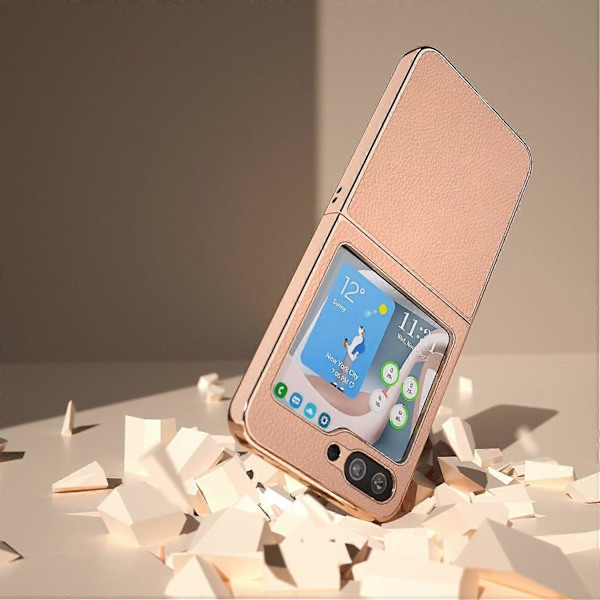 För Samsung Galaxy Z Flip5 5G Mobilskal Äkta Koläder+PC Nano Elektroplätering Skydd Multicolor Style C