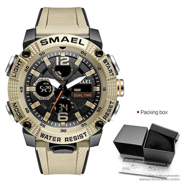 Smael Dual Time Led Display Digital watch För män Vattentät Simning Quartz Sportklockor Auto Date Alarm Clock Armbandsur 8039 Khaki-Box