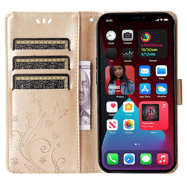 För Iphone 15 Imprinted Butterflies Mobiltelefon Stand Case Pu Läder Plånboksskal med rem Gold