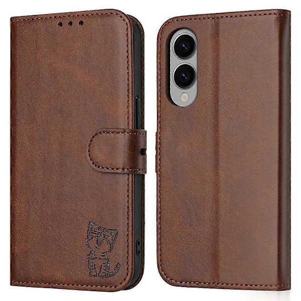 Til Samsung Galaxy S25 Edge Etui Glad Kat Mønster Præget Læder Wallet Telefon Cover Multicolor Brown