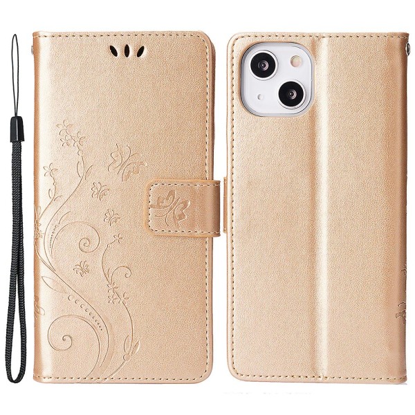 För Iphone 15 Plus Pu Läder Cover Phone case Imprinted Butterflies Shell Stand with rem Gold