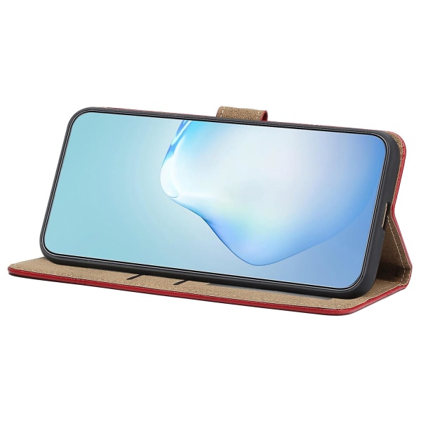 Læder Wallet Case til iPhone 15, Linje Præget Ko Læder Tekstur Stand Telefon Cover Red
