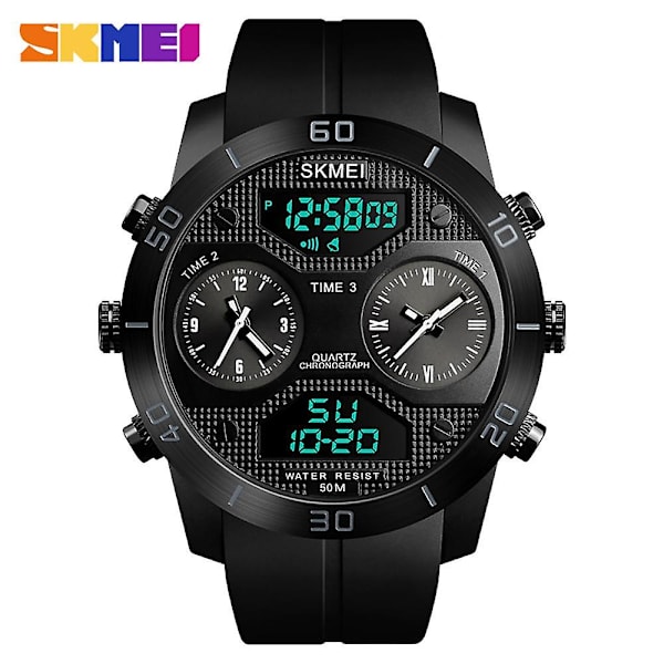 SKMEI 1355 Men Quartz 3 Time Chrono Watches Countdown Analog Digital Display Armbandsur 5ATM black