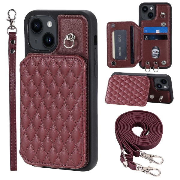 Til Iphone 15 Plus Rfid Blokerende Stødsikkert Cover Anti-drop Pu+tpu Telefon Skal Med Stropper Wine Red