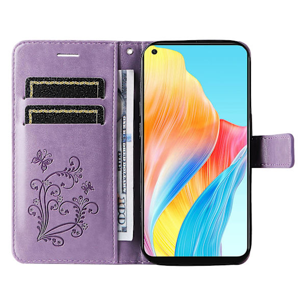 Læder Etui til Oppo A78 4g, Tegnebog Stand Præget Sommerfugl Telefon Cover Purple