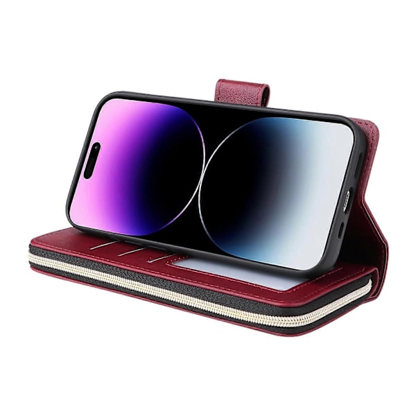 Til iPhone 15 Pro Max Telefon Stand Case Shell Lynlåslomme TPU+PU Læder Kort Slots Pung Multicolor Wine Red