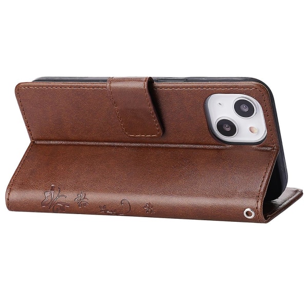 För Iphone 15 Plus Pu Läder Cover Phone case Imprinted Butterflies Shell Stand with rem Brown
