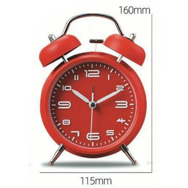 Klassisk tyst och icke tickande Quartz Dual Clock väckarklocka, lämplig för barn, batteridriven (exklusive batteri) -röd