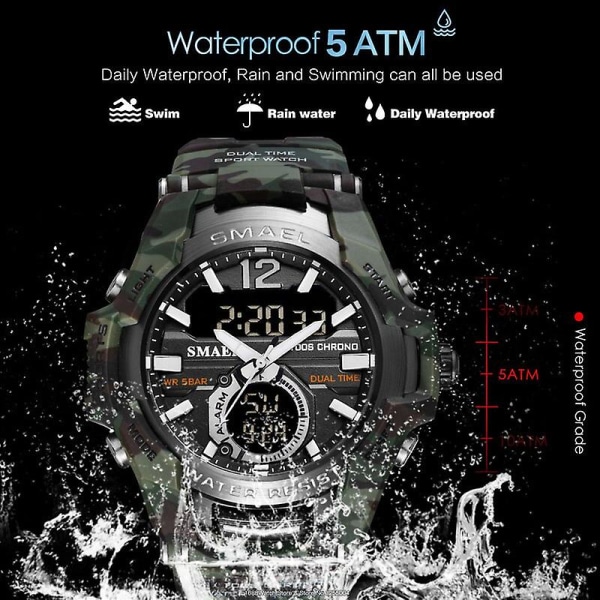 Smael Sport Digitala klockor För Män Army Kamouflage Simning Armbandsur Väckarklocka Kalender Led Bakgrundsbelysning Dual Time Watch 1805 Camo green