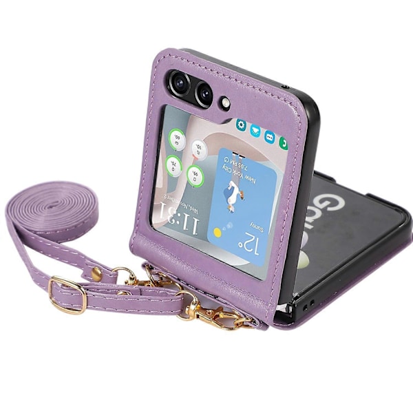 Til Samsung Galaxy Z Flip5 5G PU Læder PC Telefon Cover Beskyttelsesetui med Skulderrem Multicolor Style A