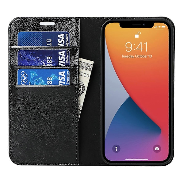 Ægte Læder Folio Flip Wallet Cover med Støttefod til iPhone 13 Pro 6.1 tommer - Sort