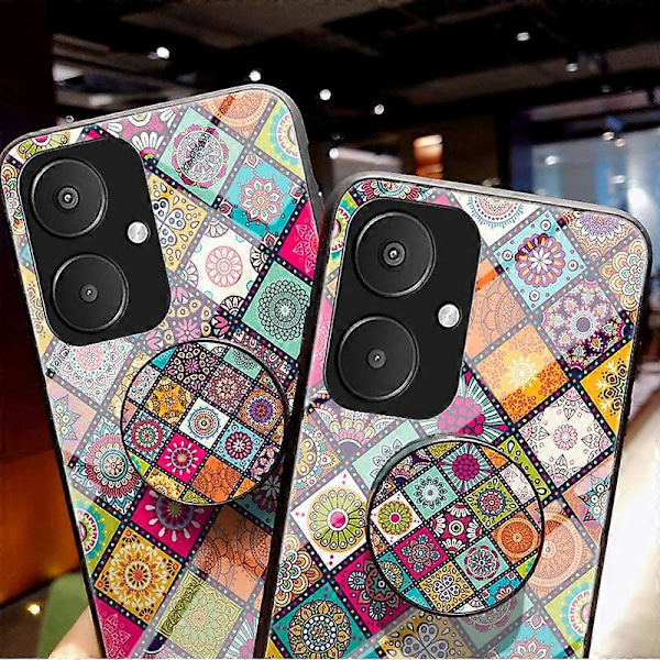 Til Xiaomi Redmi 13C 5G/13R 5G/Poco M6 5G Hærdet Glas Cover Blomstermønster Støtteben Cover Multicolor Checkered Pattern