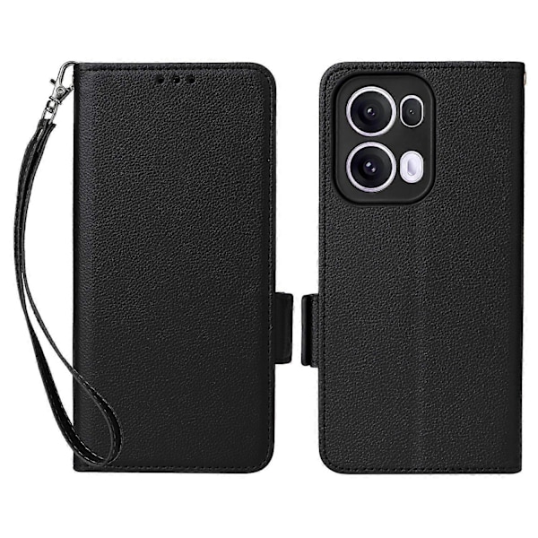 For Oppo Reno13 Pro 5G Deksel med Håndleddsrem Litchi Tekstur PU Lær Lommebok Telefondeksel Multicolor Black