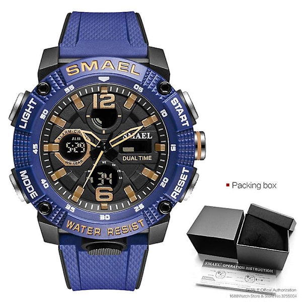 Smael Dual Time Led Display Digital watch För män Vattentät Simning Quartz Sportklockor Auto Date Alarm Clock Armbandsur 8039 Dark blue-Box