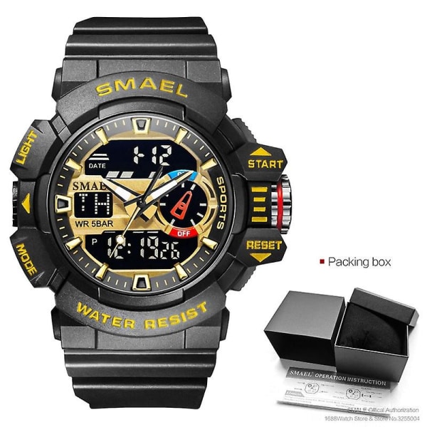 Smael Yellow Sport Elektroniska Digial Klockor Herr Väckarklocka Dual Time Watch Relogio Masculino Reloj Hombre Montre Black gold-Box