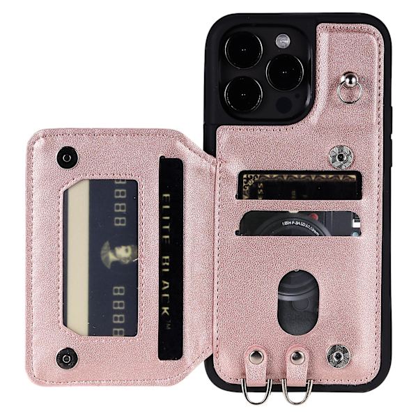 Stötsäkert case för Iphone 15 Pro Rfid Blockering anti-scratch Pu+tpu cover med remmar Rose Gold