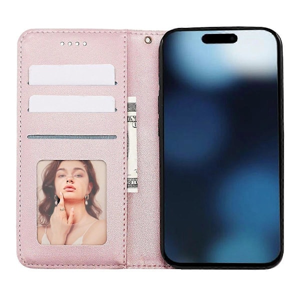 Plånboksfodral för iPhone 16 Pro Stark Magnetisk Rutmönstrad Präglad Läder Flip Cover Multicolor Rose Gold