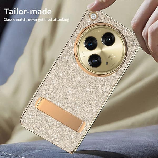 För OnePlus Open Fodral Ställ Glitter PU Läder+PC Vikbart Telefonskal