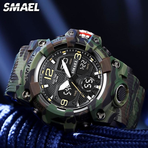 Smael Dual Time Watch För män Mode Vattentät Quart Digital Armbandsur Väckarklocka Led Bakgrundsbelysning Kalenderklockor 8008 Camo Black-Box