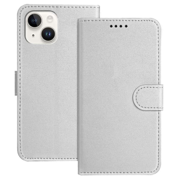Läderfodral med Plånboksställ i Solid Färg Anti-Drop Telefonskal för iPhone 15 Multicolor Silver