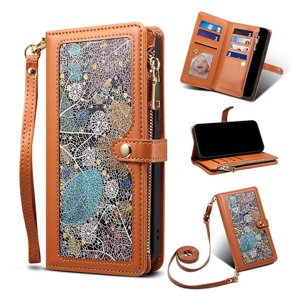 Rfid-blokerende Wallet Case til Iphone 15 Pro, Pu Læder Stand Lynlåslomme Telefoncover Brown
