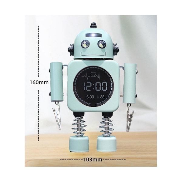 Stille Digital Display Metal Robot Vækkeur, Intelligent Studerende, Mand, Kvinde Og Børn Light Green