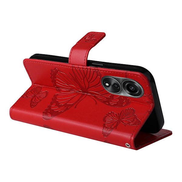 Læder Etui til Oppo A78 4g, Tegnebog Stand Præget Sommerfugl Telefon Cover Red