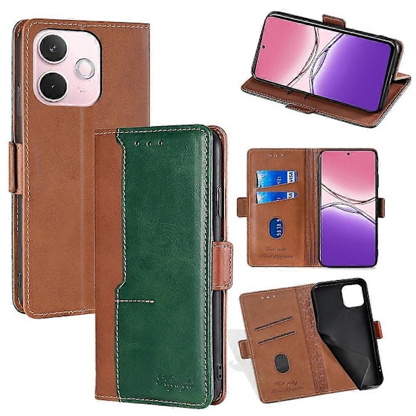 Til Oppo A5 Pro 4G/ 5G/ A5 Energy 5G Etui Kontrastfarve Tegnebog Læder Telefoncover Multicolor Light Brown + Green