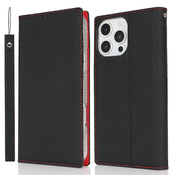Plånboksfodral för iPhone 16 Pro Äkta Läder Telefonskal Litchi Textur Multicolor Style A
