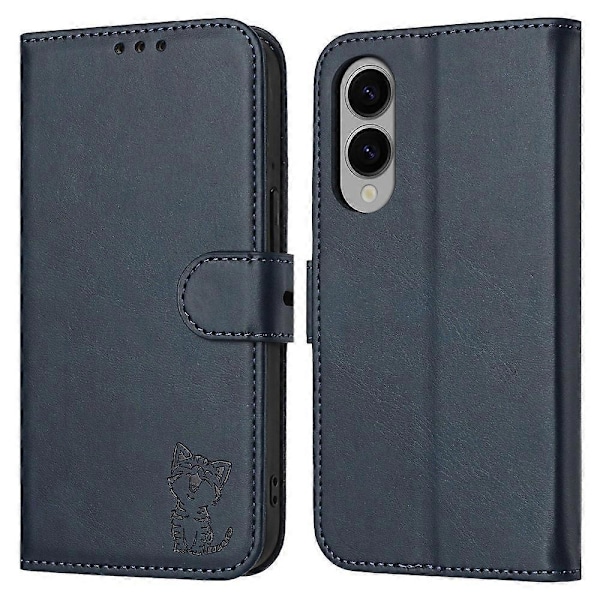 Til Samsung Galaxy S25 Edge Etui Glad Kat Mønster Præget Læder Wallet Telefon Cover Multicolor Blue