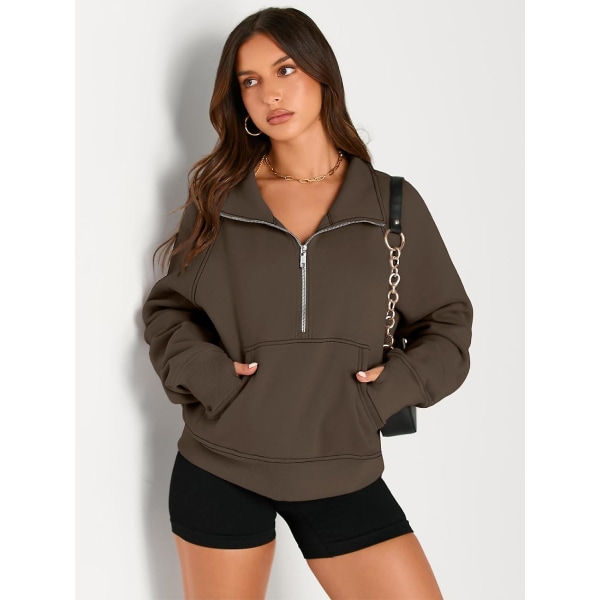 Damtröjor Halv dragkedja Cropped Pullover Fleece Quarter Zipper Huvtröjor Höstkläder Kläder Tumhål Coffee X-Large