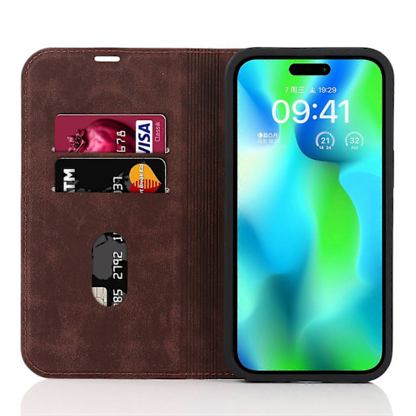 Magnetisk PU læder etui med kortholder og RFID-blokering til iPhone 15 Pro Multicolor Dark Brown