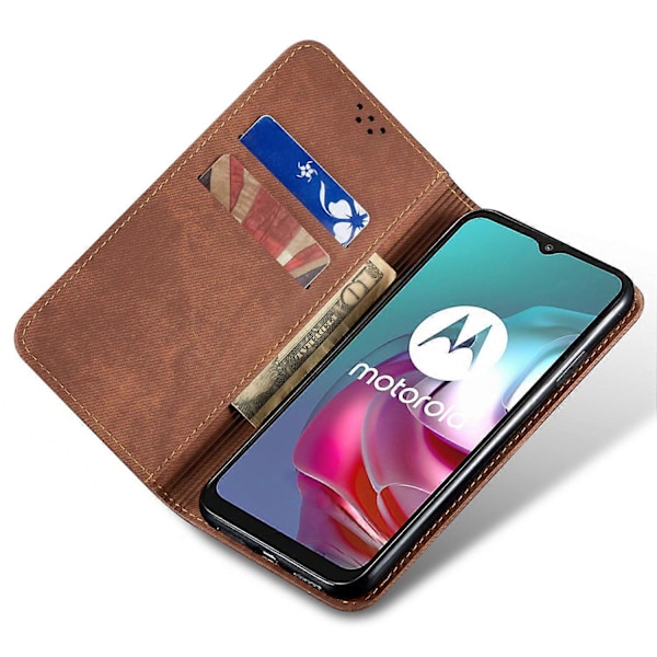 Til Motorola Moto G55 5G Etui Jeans Stof Tekstur Anti-Ridse Læder Stand Telefon Cover- Multicolor Coffee